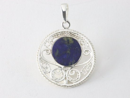 Ronde opengewerkte zilveren hanger met lapis lazuli afbeelding 3