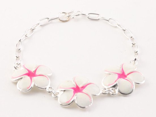Zilveren schakelarmband met witte emaille bloemen afbeelding 1