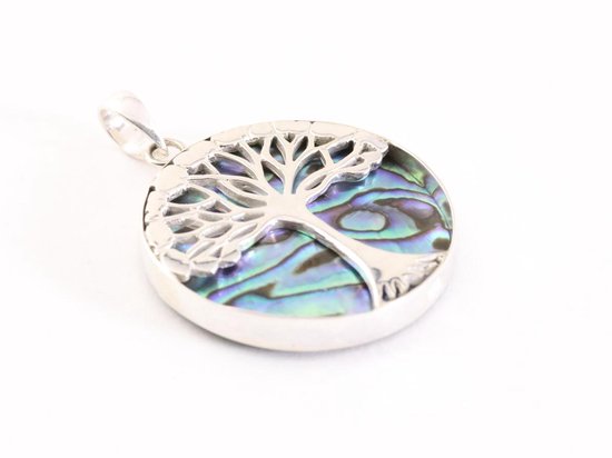 Ronde zilveren hanger met levensboom op abalone schelp afbeelding 2