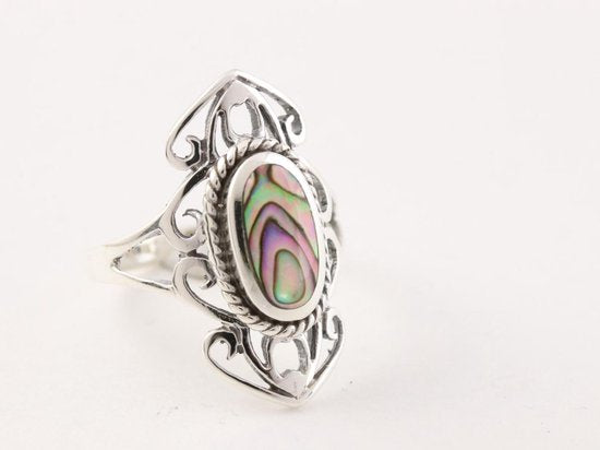 Opengewerkte zilveren ring met abalone schelp afbeelding 1