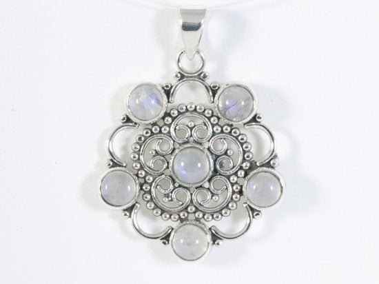 Opengewerkte zilveren hanger met regenboog maansteen afbeelding 4