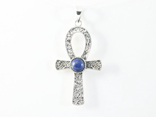 Bewerkte zilveren ankh hanger met lapis lazuli afbeelding 3