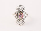 Opengewerkte zilveren ring met abalone schelp afbeelding 4