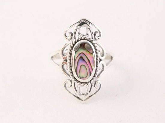Opengewerkte zilveren ring met abalone schelp afbeelding 4