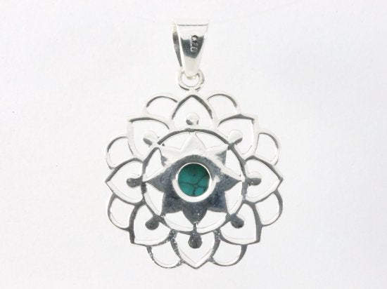 Opengewerkte zilveren hanger met turkoois afbeelding 3