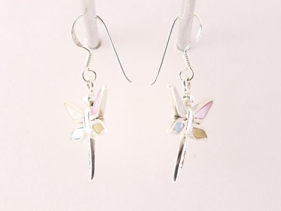 Zilveren libelle oorbellen met veelkleurige schelp afbeelding 2