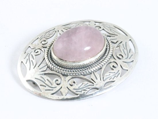 Grote opengewerkte zilveren broche met rozenkwarts afbeelding 2