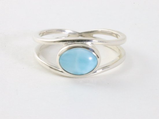 Opengewerkte hoogglans zilveren ring met larimar afbeelding 4