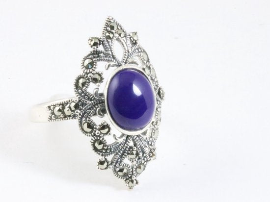Opengewerkte zilveren ring met lapis lazuli en marcasiet afbeelding 1