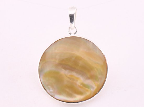 Ronde zilveren hanger met levensbloem op goudkleurige schelp afbeelding 3