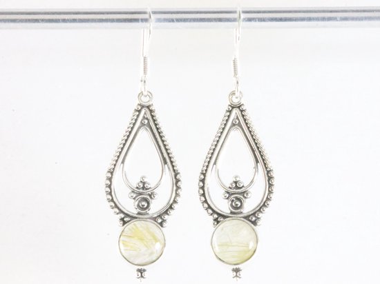 Lange opengewerkte zilveren oorbellen met gouden rutielkwarts afbeelding 3