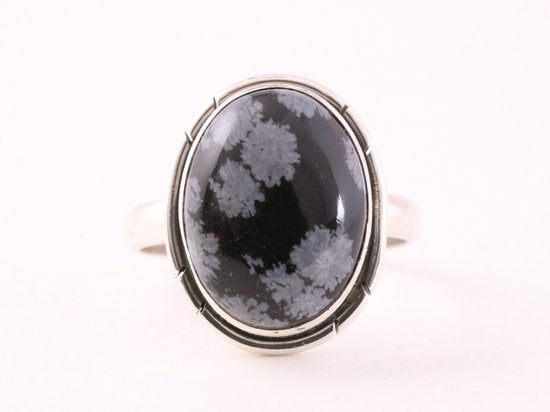 Ovale zilveren ring met sneeuwvlok obsidiaan afbeelding 4