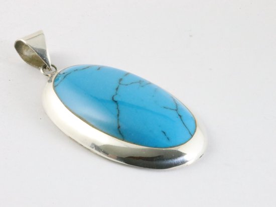 Grote ovale hoogglans zilveren hanger met blauwe turkoois aan ketting afbeelding 2
