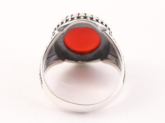 Bewerkte ovale zilveren ring met carneool en marcasiet afbeelding 3