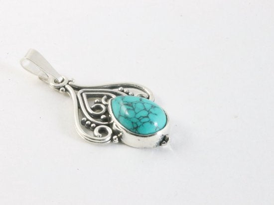 Fijne opengewerkte zilveren hanger met turkoois aan ketting afbeelding 2