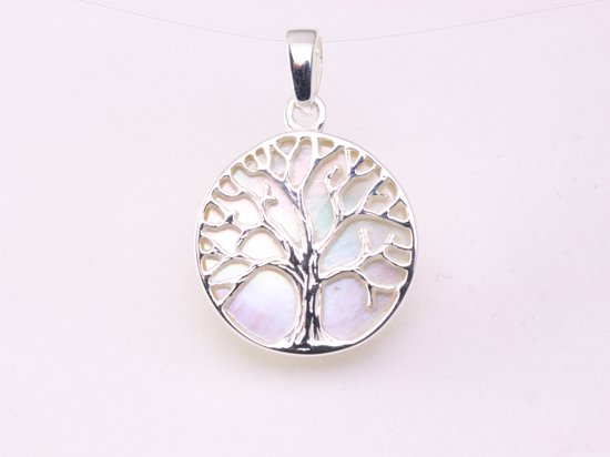Fijne ronde zilveren hanger met levensboom op parelmoer afbeelding 4
