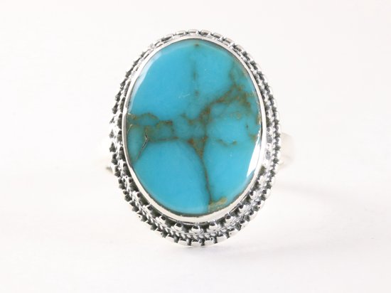 Zware bewerkte zilveren ring met blauwe koperturkoois afbeelding 4