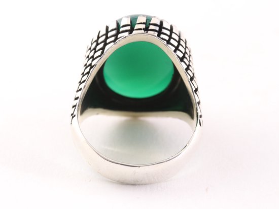 Zware bewerkte zilveren ring met grote groene agaat afbeelding 3