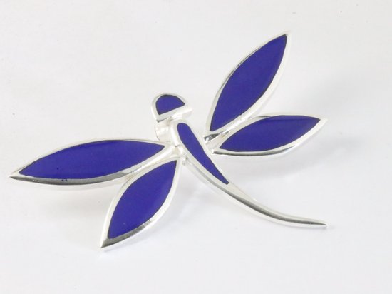 Grote zilveren libelle hanger met lapis lazuli aan ketting afbeelding 2