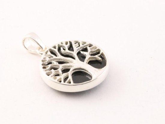 Fijne ronde zilveren hanger met levensboom op onyx afbeelding 2