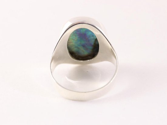 Ovale zilveren zegelring met abalone schelp afbeelding 3