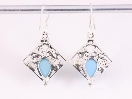 Opengewerkte zilveren oorbellen met blauwe chalcedoon afbeelding 3