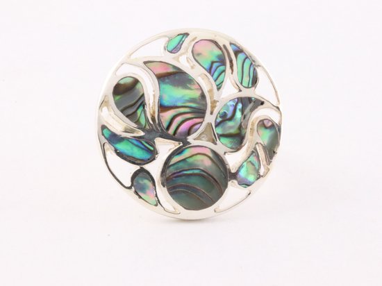 Ronde opengewerkte zilveren ring met abalone schelp afbeelding 4