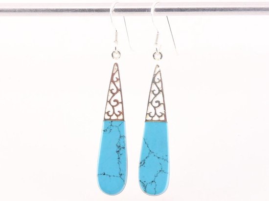 Lange opengewerkte zilveren oorbellen met blauwe turkoois afbeelding 4