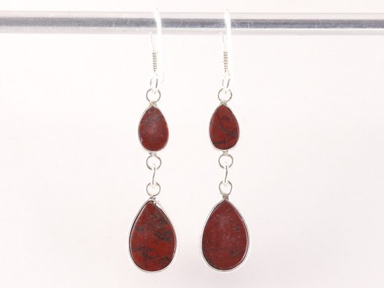 Fijne lange zilveren oorbellen met rode jaspis afbeelding 3