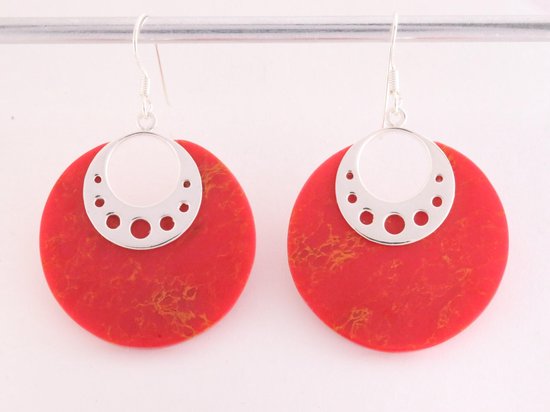 Zilveren oorbellen met grote ronde rode koraal steen afbeelding 4