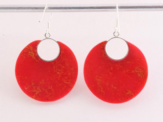 Zilveren oorbellen met grote ronde rode koraal steen afbeelding 3