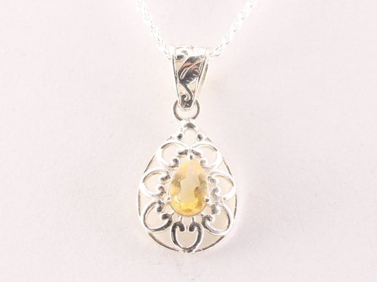 Opengewerkte druppelvormige zilveren hanger met citrien aan ketting afbeelding 4