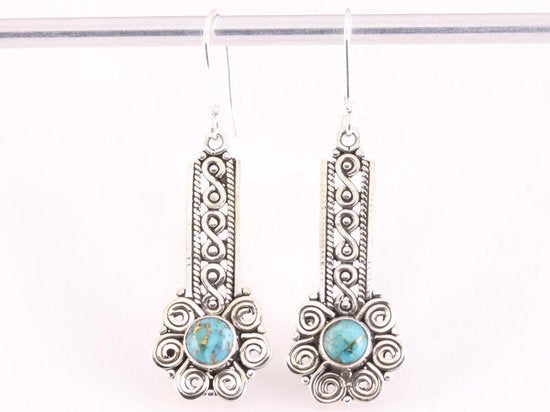Lange opengewerkte zilveren oorbellen met blauwe koperturkoois afbeelding 4