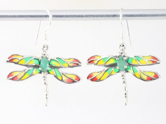 Zilveren libelle oorbellen met emaille en smaragd afbeelding 3