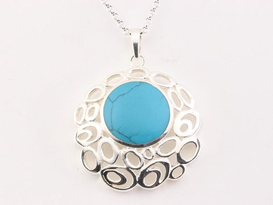 Grote opengewerkte zilveren hanger met blauwe turkoois aan ketting afbeelding 1