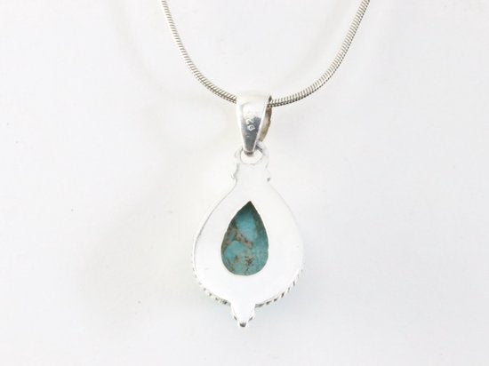 Bewerkte zilveren hanger met blauwe koperturkoois aan ketting afbeelding 3