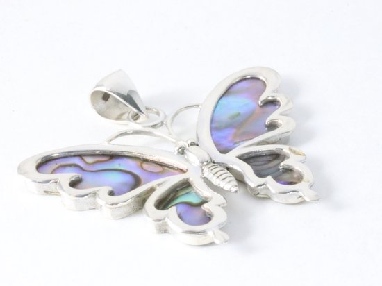 Zilveren vlinder hanger met abalone schelp aan ketting afbeelding 2