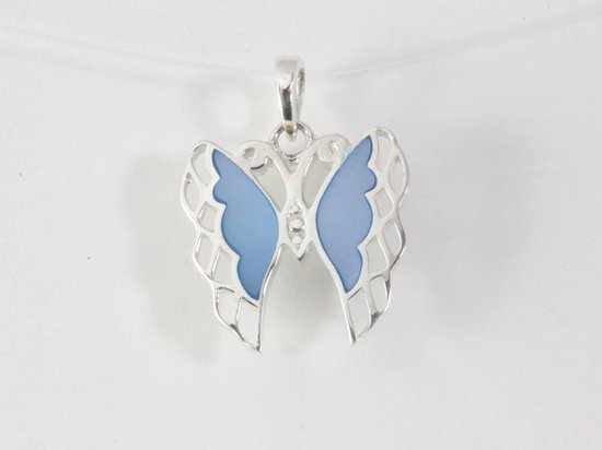 Fijne zilveren vlinder hanger met blauwe schelp afbeelding 4