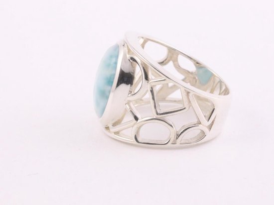 Grote opengewerkte zilveren ring met larimar afbeelding 3