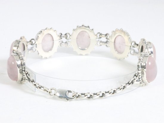 Zware bewerkte zilveren armband met rozenkwarts afbeelding 2