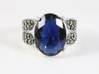 Zware zilveren ring met blauwe saffier en marcasiet afbeelding 4