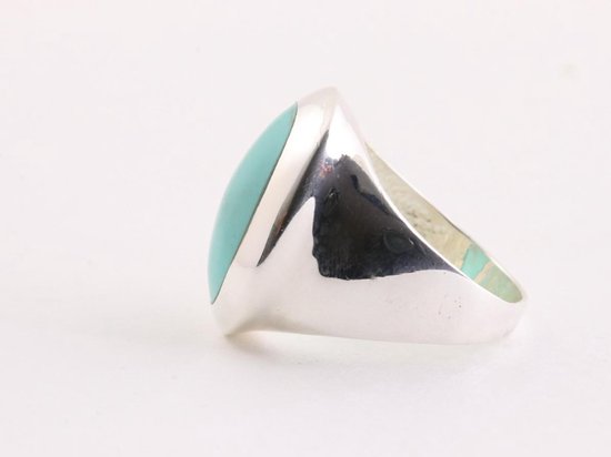 Grote ovale hoogglans zilveren ring met groene turkoois afbeelding 2