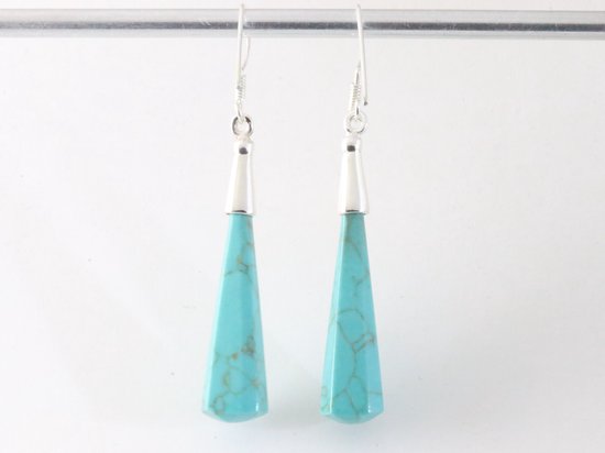 Lange zilveren oorbellen met pegels groene turkoois afbeelding 3