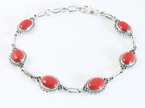 Fijne bewerkte zilveren armband met rode koraal steen afbeelding 1