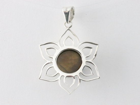 Opengewerkte bloemvormige zilveren hanger met tijgeroog afbeelding 3