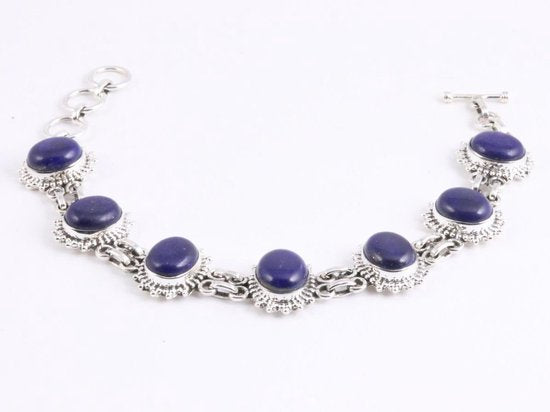 Bewerkte zilveren schakelarmband met grote lapis lazuli stenen afbeelding 1
