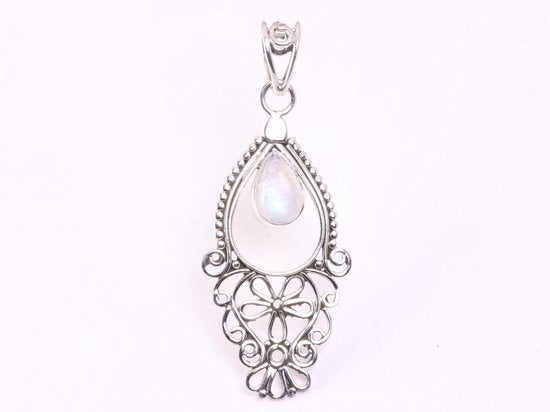 Fijne lange opengewerkte zilveren hanger met regenboog maansteen afbeelding 4