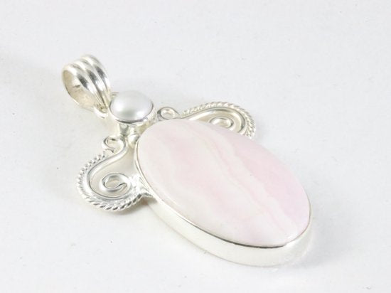 Grote bewerkte zilveren hanger met roze lace agaat en parel afbeelding 2