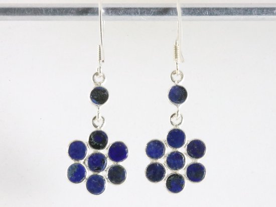 Lange bloemvormige zilveren oorbellen met lapis lazuli afbeelding 2