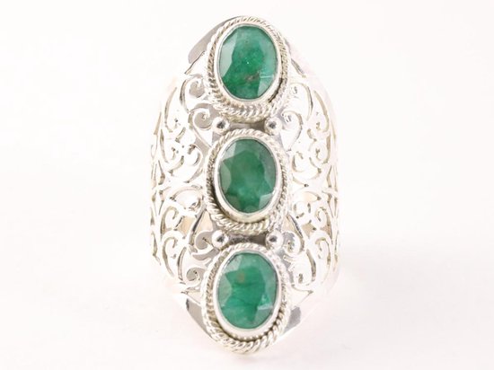 Langwerpige opengewerkte zilveren ring met smaragd afbeelding 4